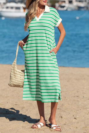 Green and white striped midi dress with collar, V-neck, short sleeves, and pockets.