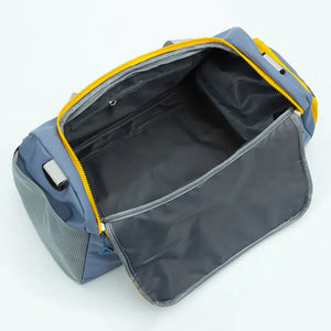Colorblock gym duffel bag in blue with yellow zipper and mesh side pocket.