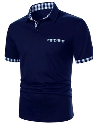 Navy polo shirt with checkered collar, pocket trim, and sleeve cuffs.