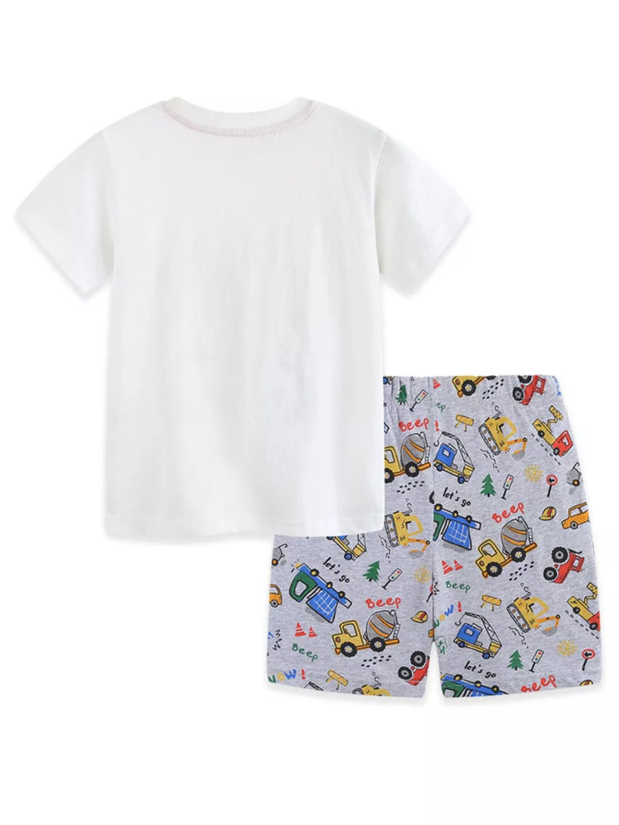 Toddler tee and shorts set with playful excavator print and construction vehicles.