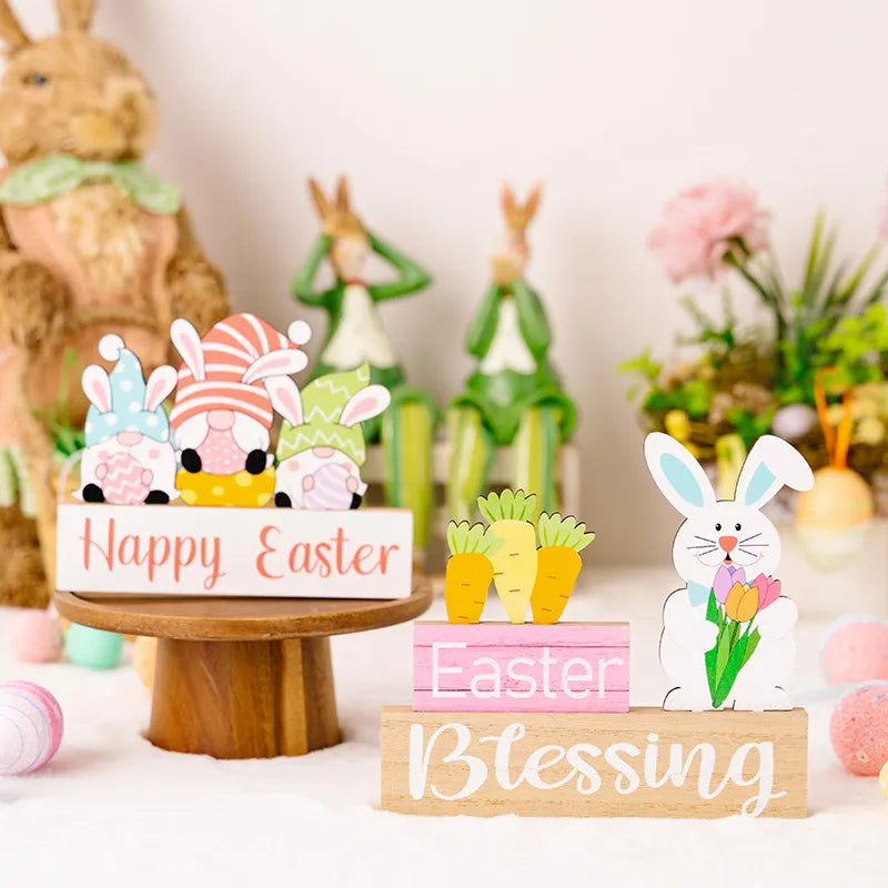 Easter wooden gnome trio display with Happy Easter text, and a bunny holding tulips.