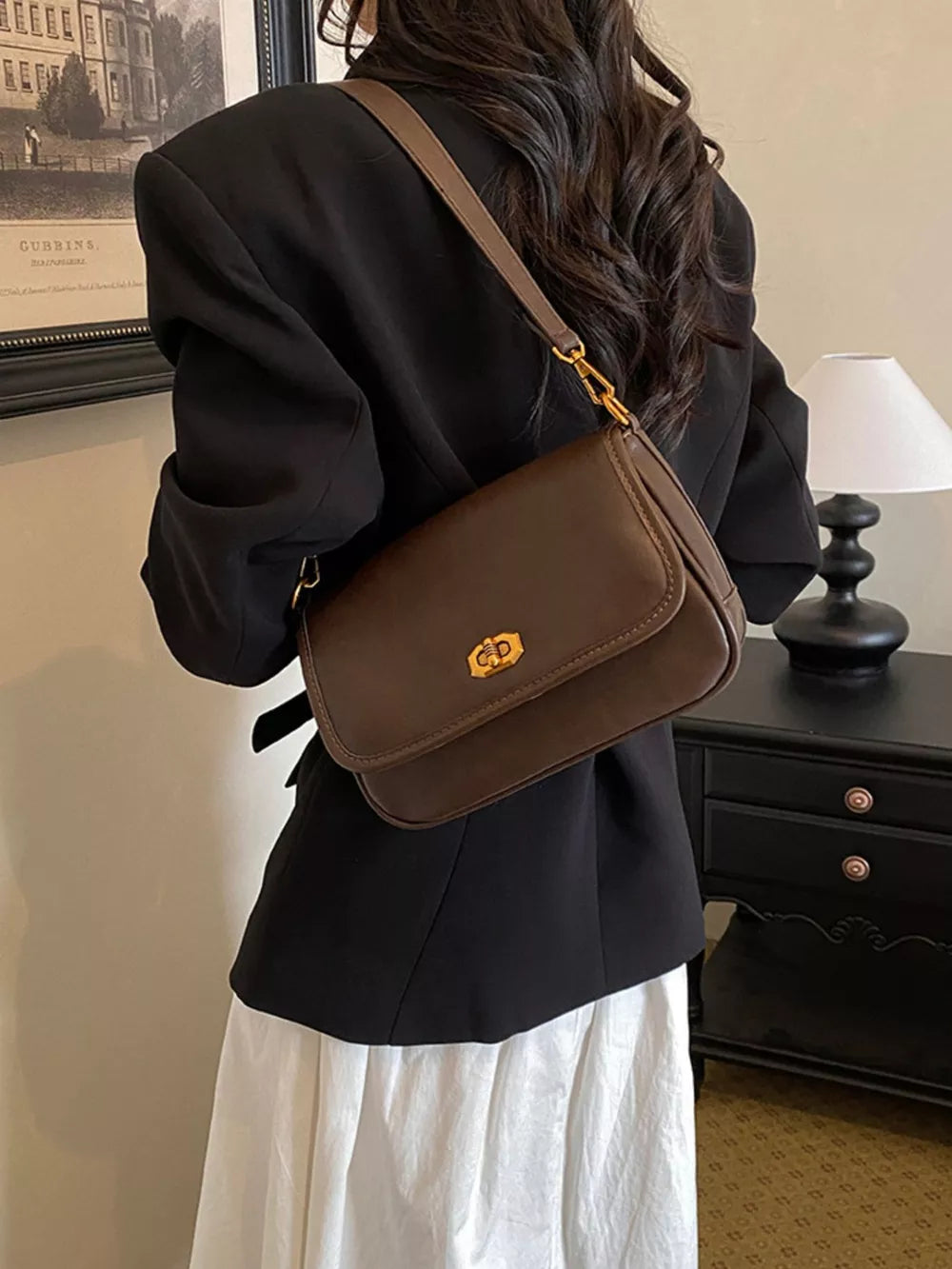 Twist Lock Flap Shoulder Bag in Black with flap closure