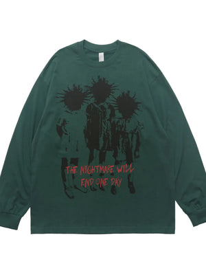 Green cotton oversized long sleeve tee with graphic print and text detail.