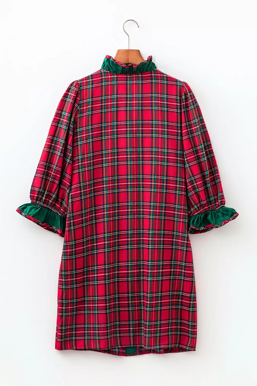 Plaid Ruffle Cuff Button Front Mini Dress in Deep Red, view 11
