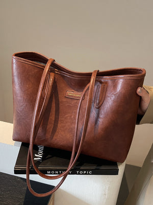 Zip PU Leather Tote Bag in Brown with top handle