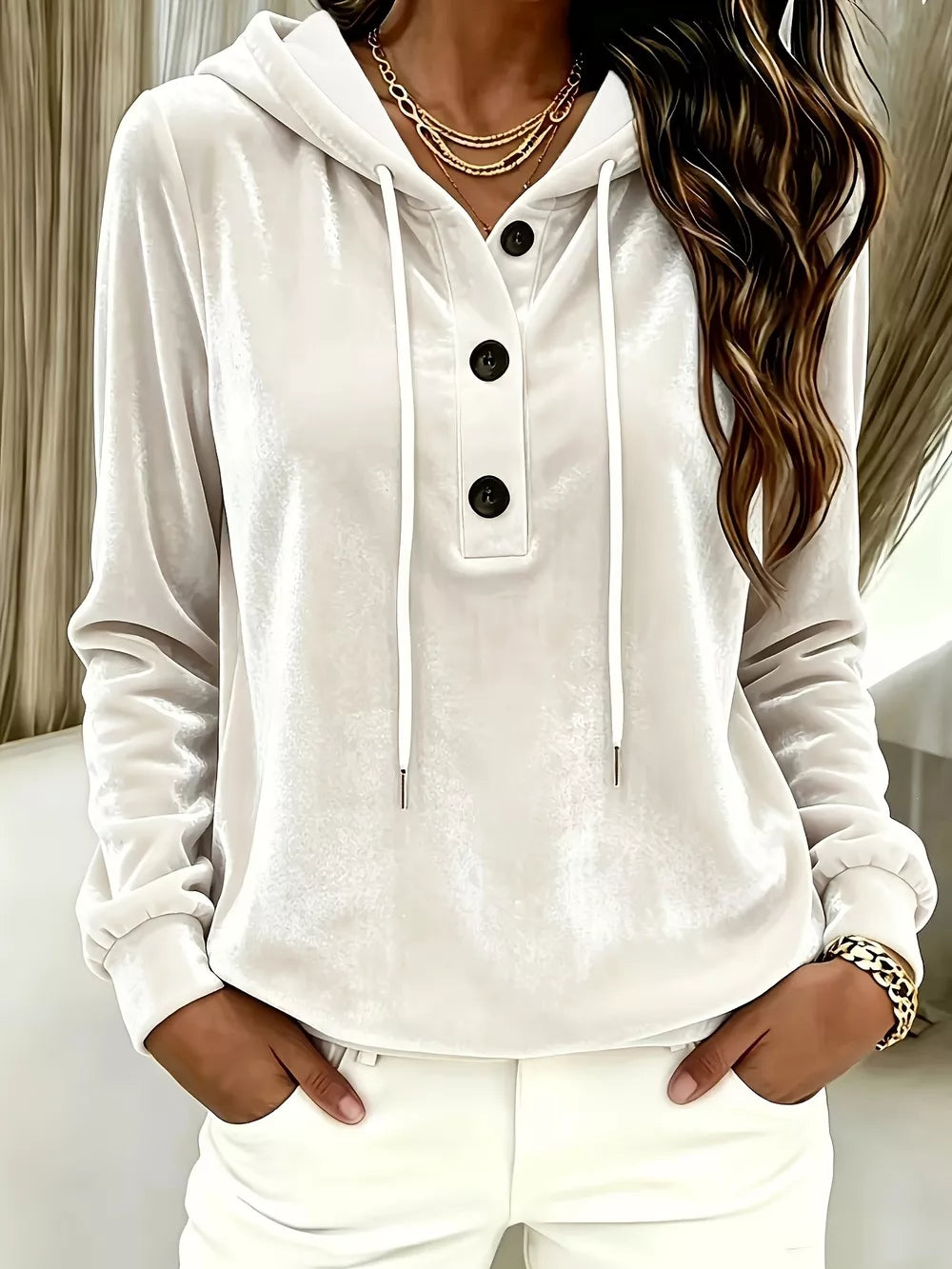 Black pullover hoodie with hip-length and drawstring, half-button