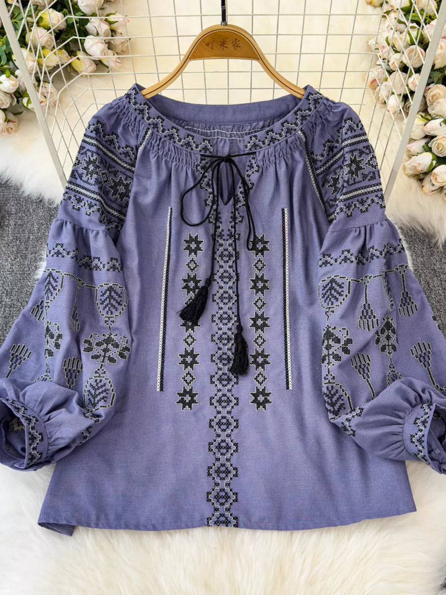 Green Bohemian Embroidered Blouse With Tassel Tie