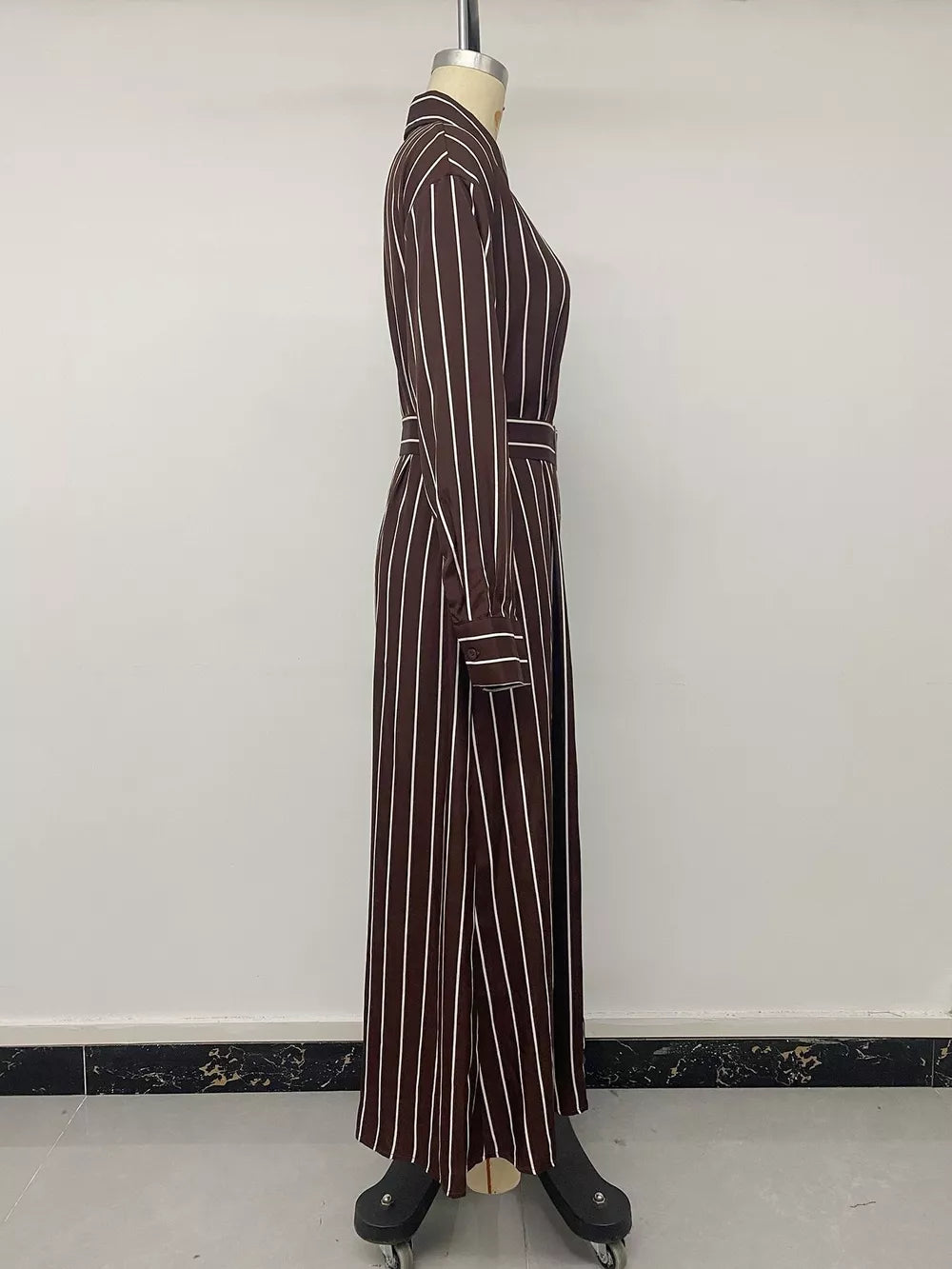 brown shirt dress with belted and long sleeve