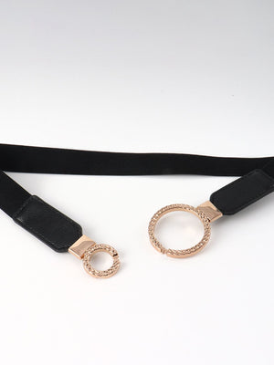 Black elastic belt with interlocked ring buckle detail