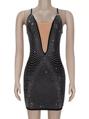 mini dress in Black with geometric and rhinestone