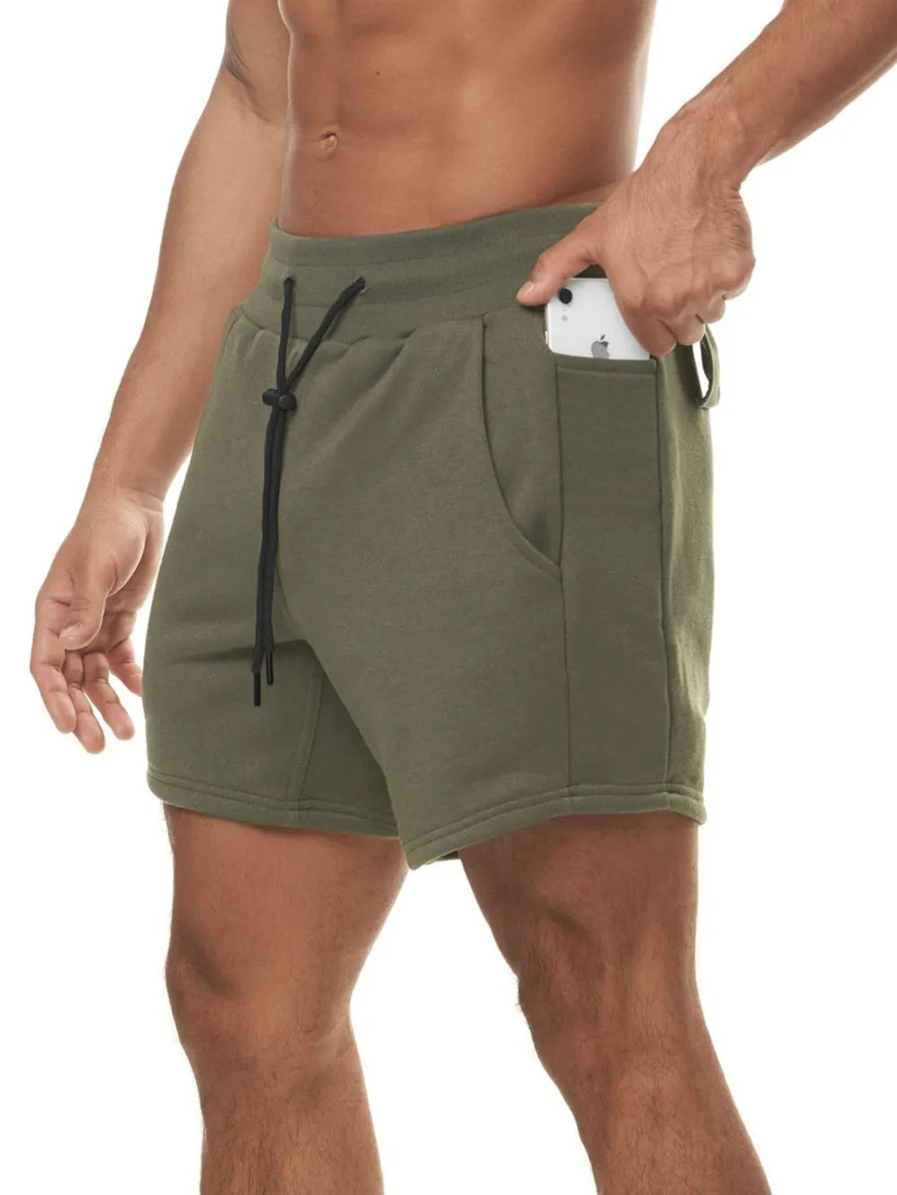 Army green performance fleece jogger shorts with drawcord and side pocket holding a phone.