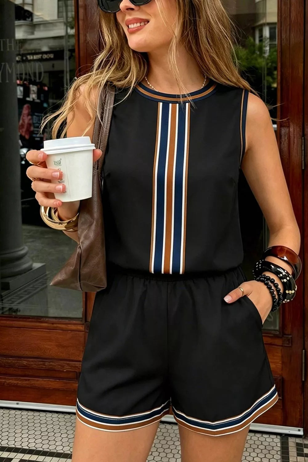 Black with Striped Sleeveless Top And Shorts Set in Black