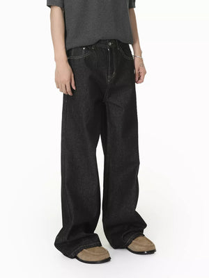 Relaxed fit dark wash wide-leg jeans with pockets and button fly.