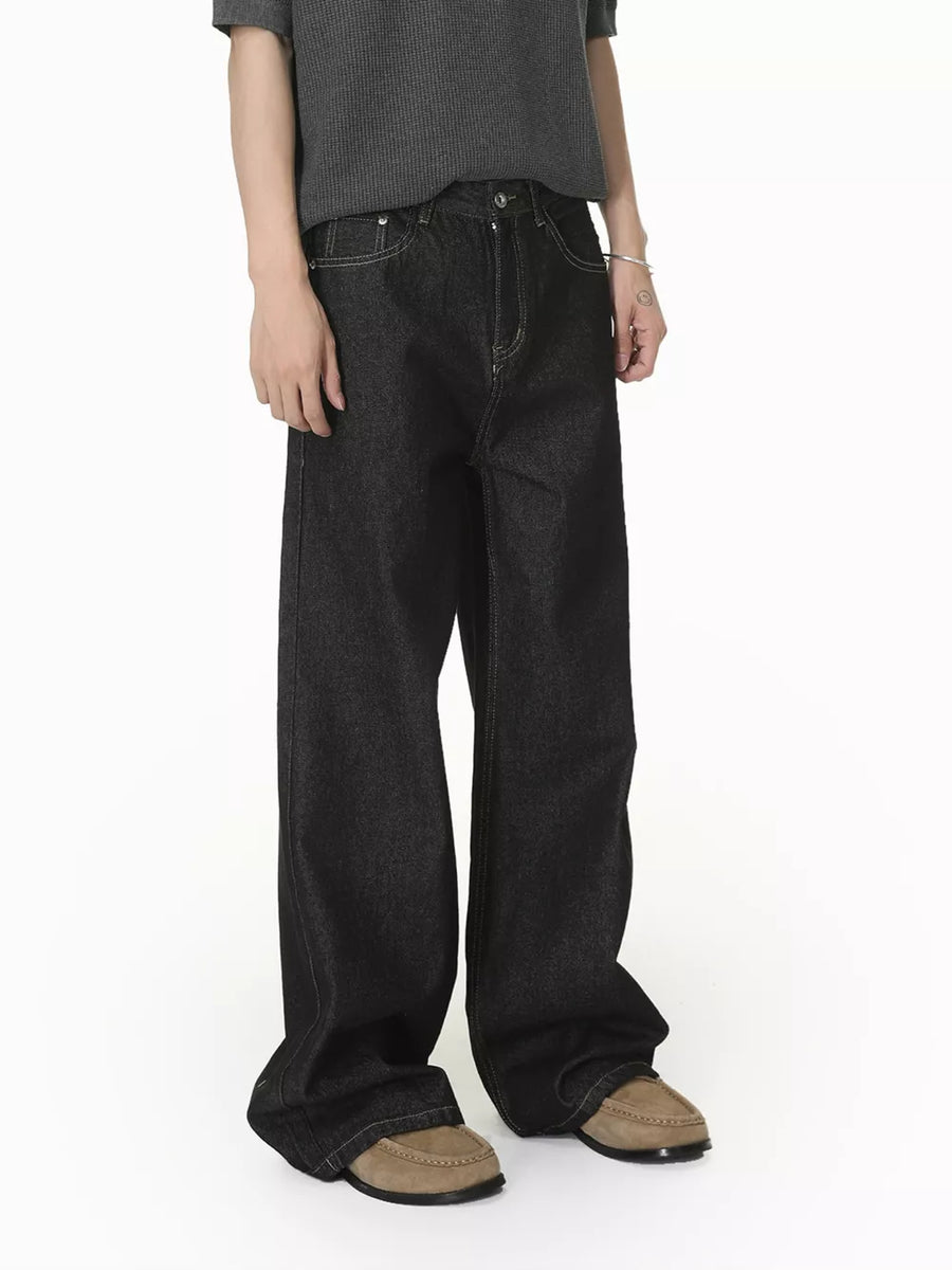 Relaxed fit dark wash wide-leg jeans with pockets and button fly.