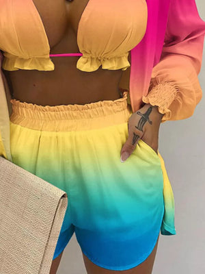 Ombre shorts set with ruffled bikini top and smocked sleeves