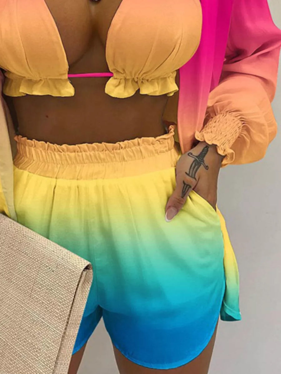 Ombre shorts set with ruffled bikini top and smocked sleeves