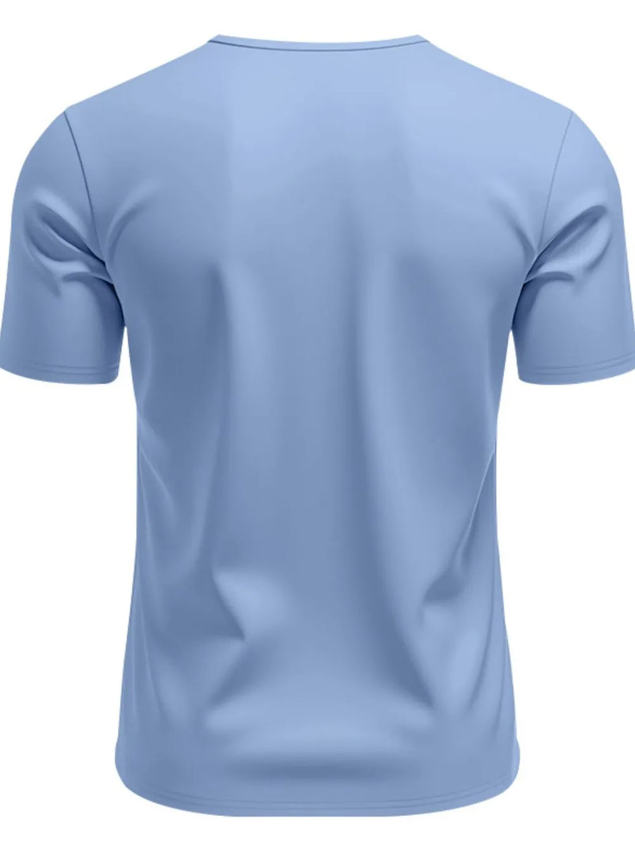 Light blue V-neck performance tee for him, short sleeves, plain casual t-shirt.