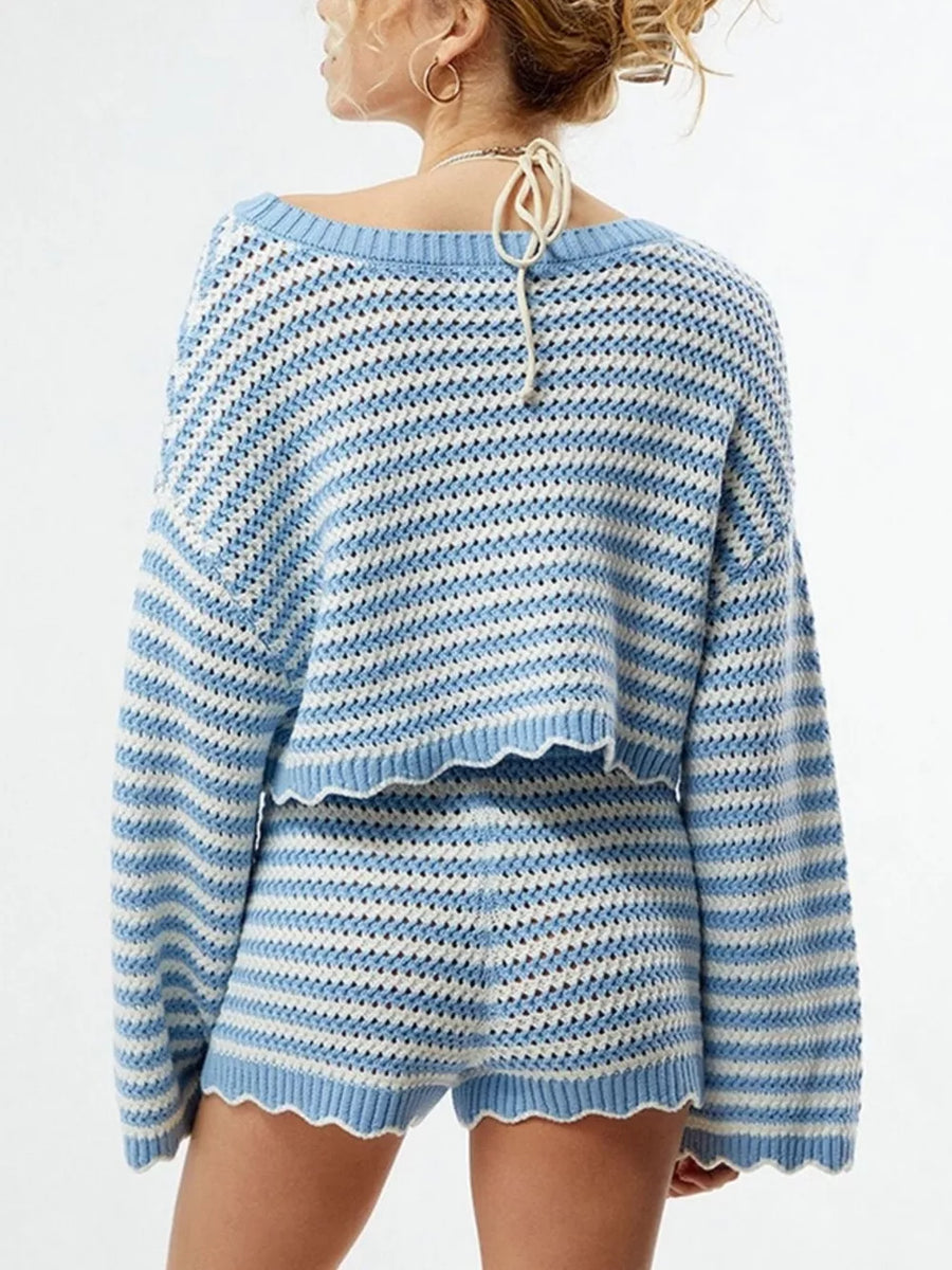 Scalloped Edges Striped Top And Shorts Set option 5