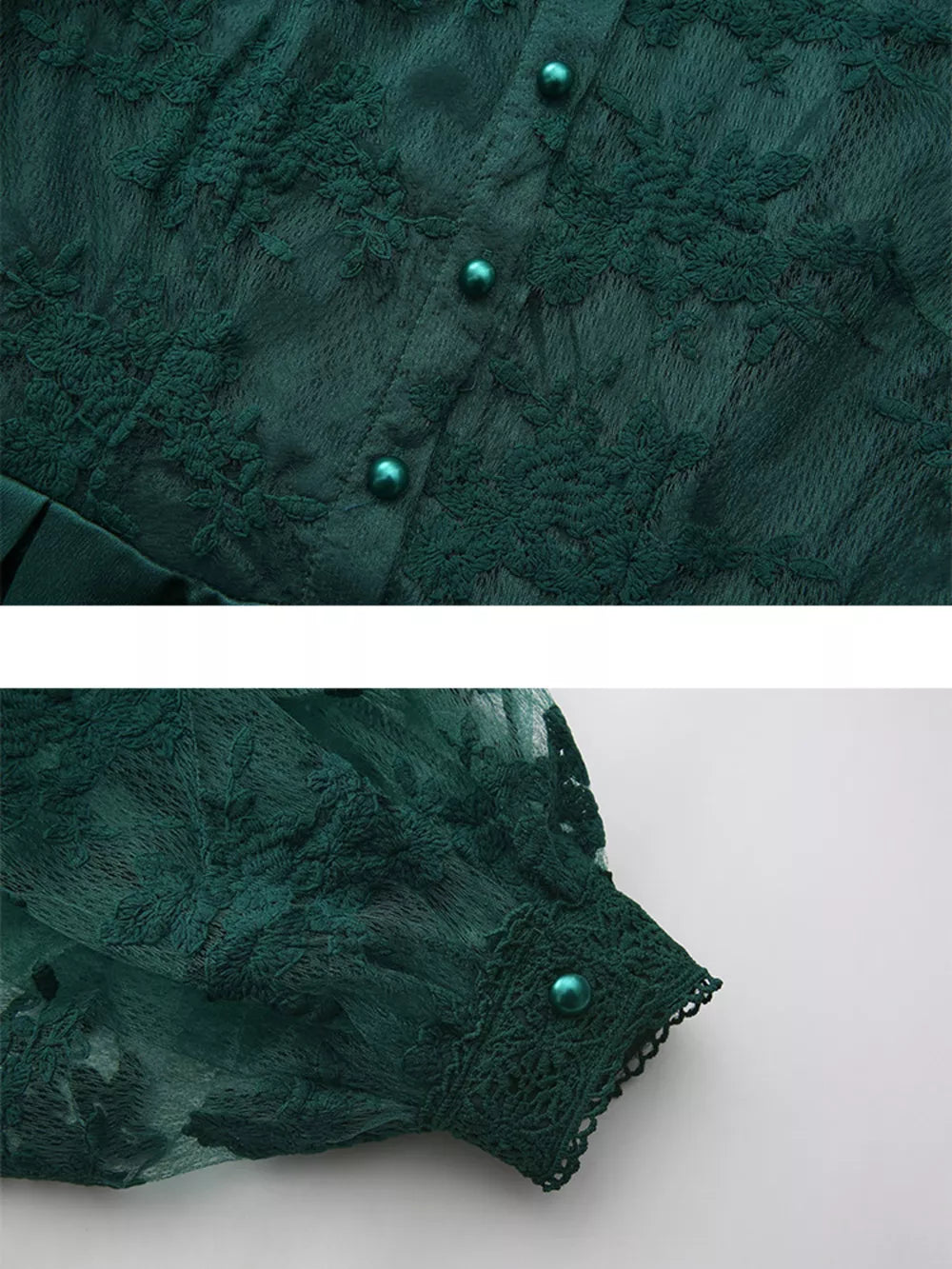 Green lace maxi dress with button front and lantern sleeves.