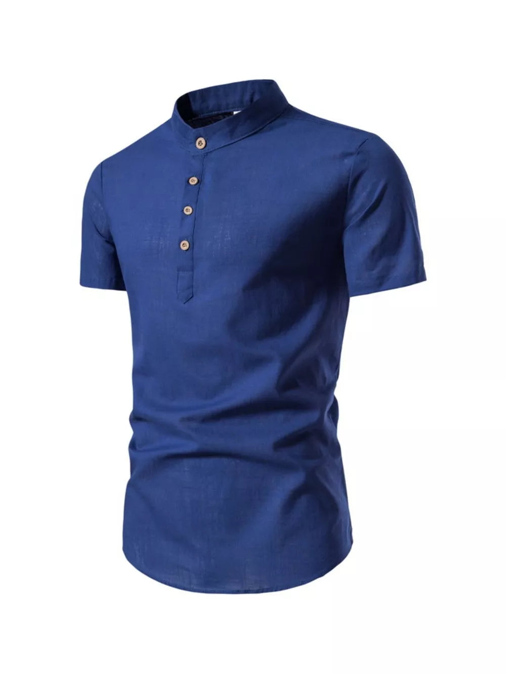 Navy blue cotton short sleeve men's shirt with mandarin collar and buttoned placket