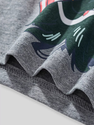 Gray cotton long-sleeve tee with a green dinosaur graphic detail