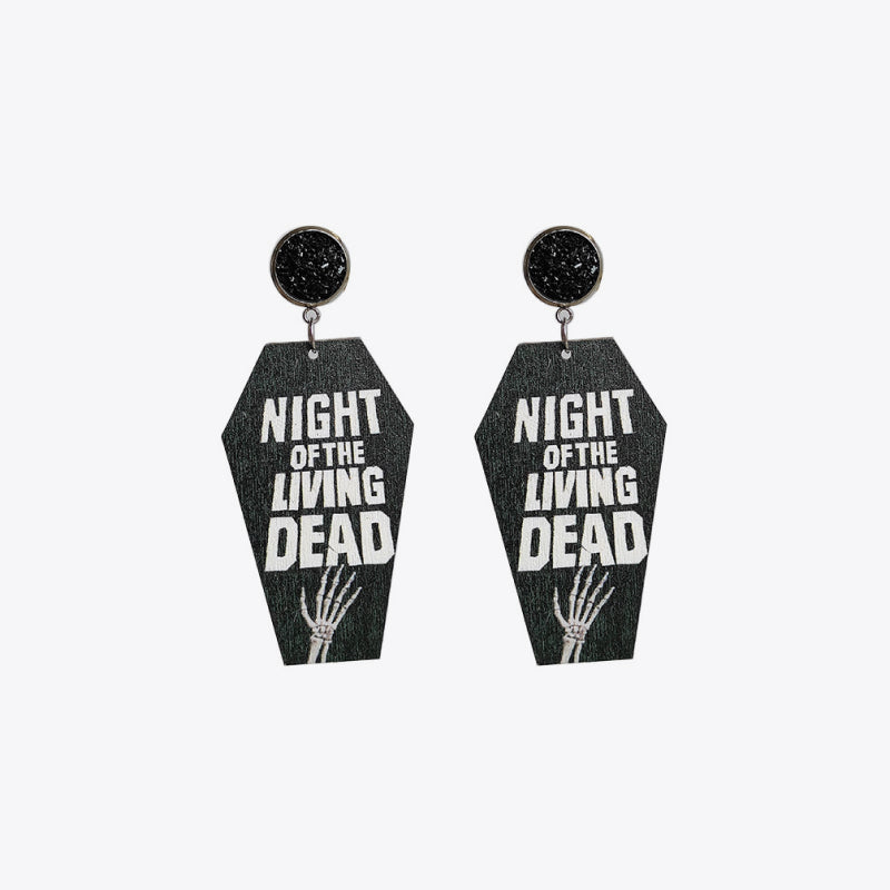 Gothic coffin earrings with Night of the Living Dead graphic and skeleton hand detail