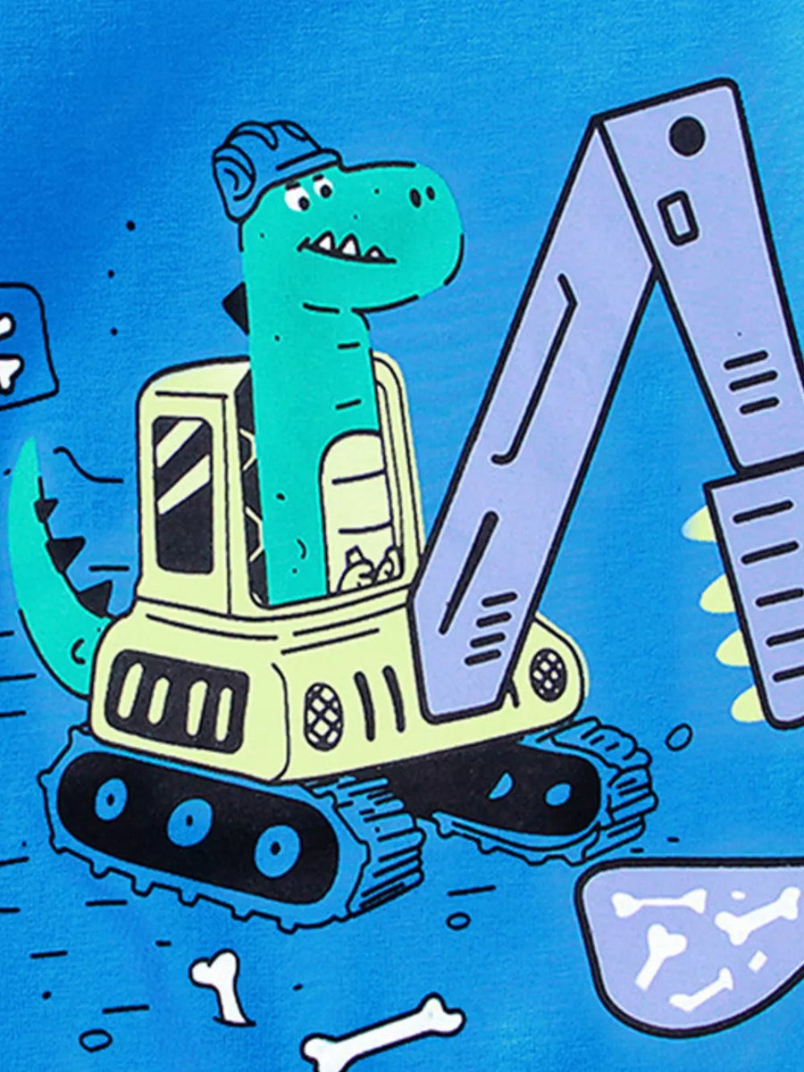 Graphic tee with a cartoon dinosaur wearing a hard hat driving a yellow excavator.