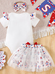 White baby outfit set with patriotic print flutter sleeves and tutu skirt, includes bow headband.