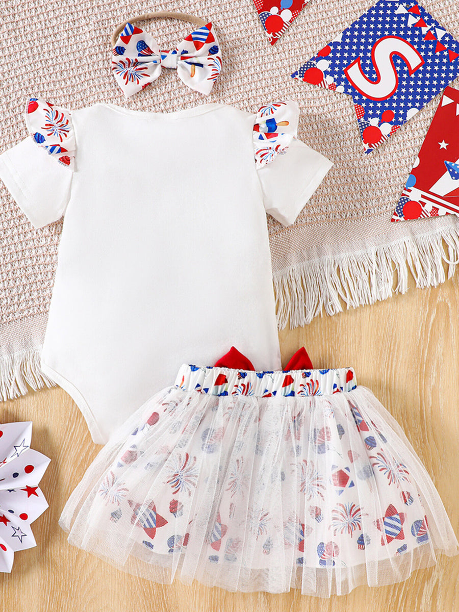 White baby outfit set with patriotic print flutter sleeves and tutu skirt, includes bow headband.