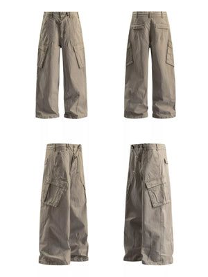Relaxed fit khaki cargo pants with drawstring waist and multiple pockets.