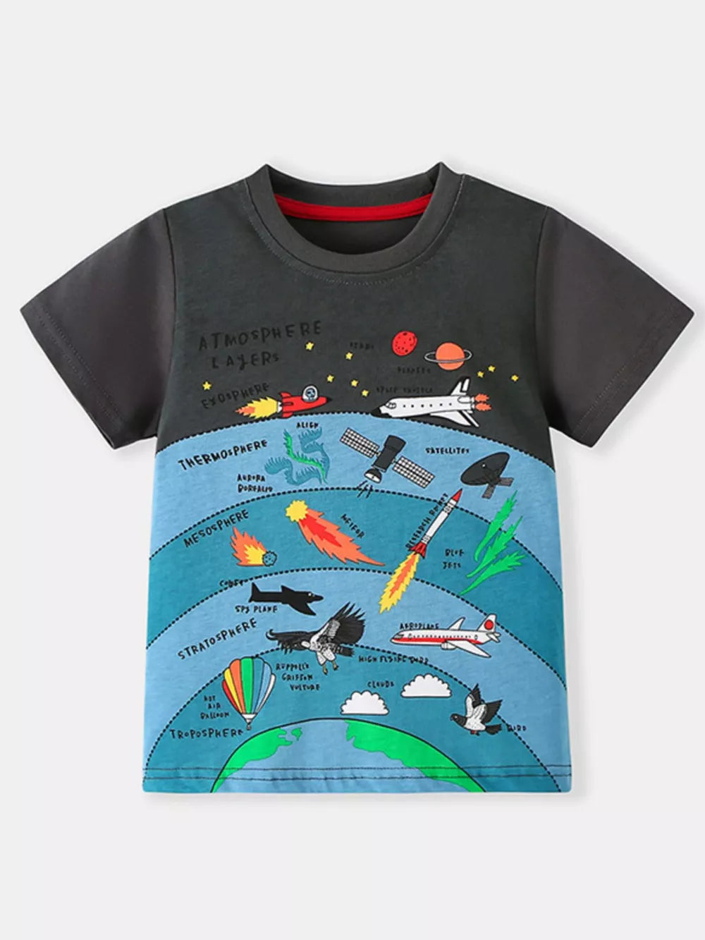 Toddler cotton t-shirt with atmosphere layers graphic, rockets, planets, airplanes, and birds.