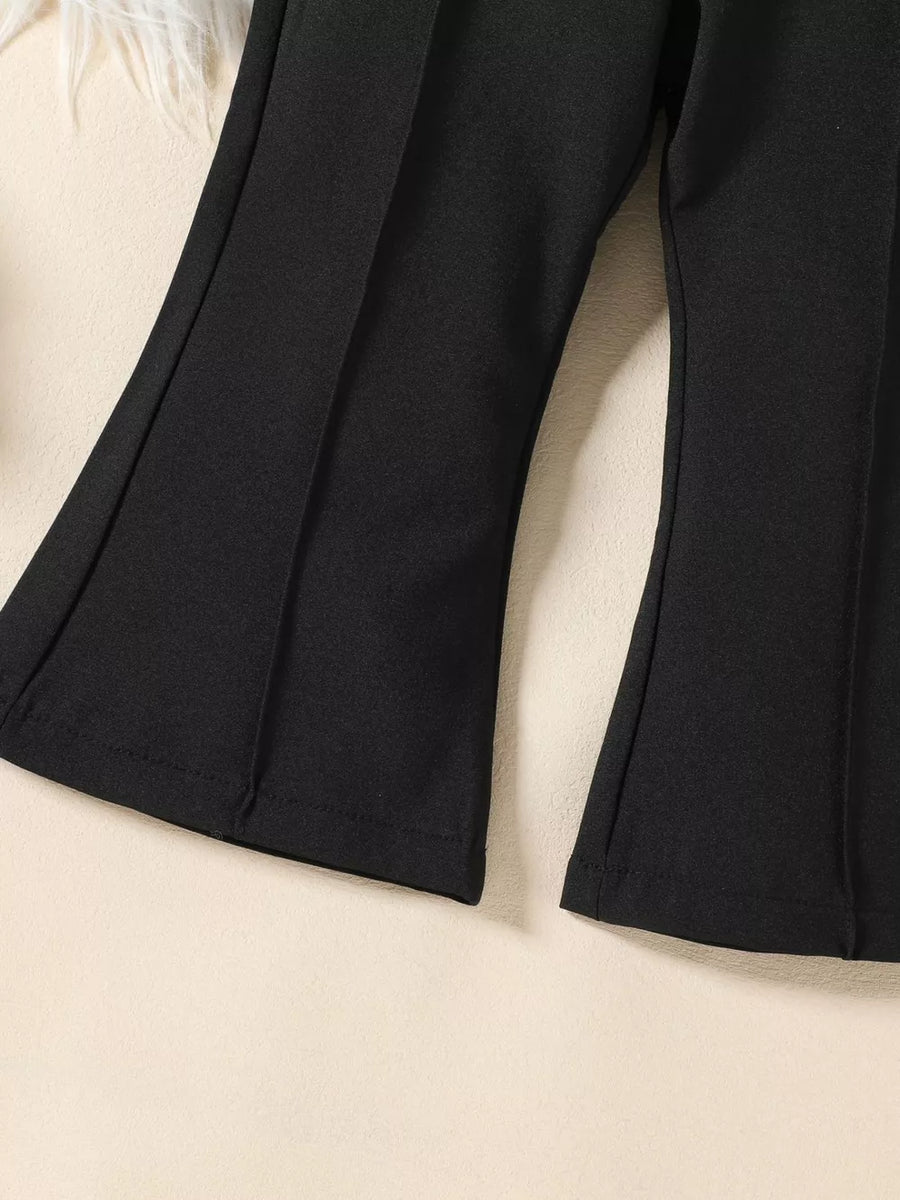 Black flare pants with a clean hem and subtle front seam detail.