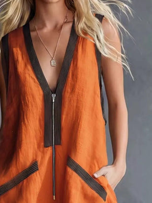 V-neck Zipper Front Romper With Contrast Trim in White