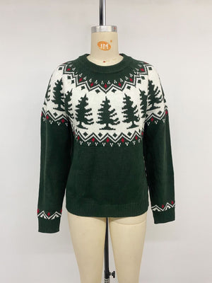 Christmas Tree Pattern Round Neck Sweater in Dark Green with stretch