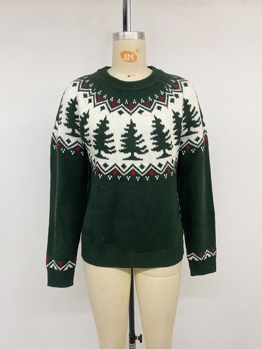 Christmas Tree Pattern Round Neck Sweater in Dark Green with stretch