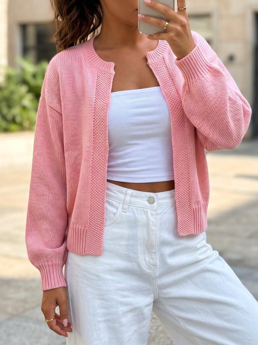 100% acrylic Care instructions: Machine wash cold cardigan in Dust Storm with relaxed silhouette