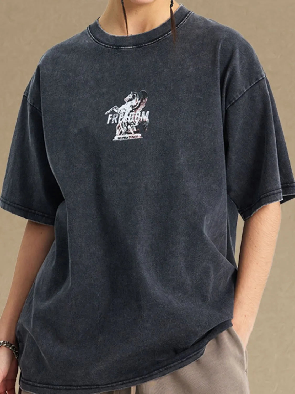 Black vintage wash graphic tee with freedom horse design