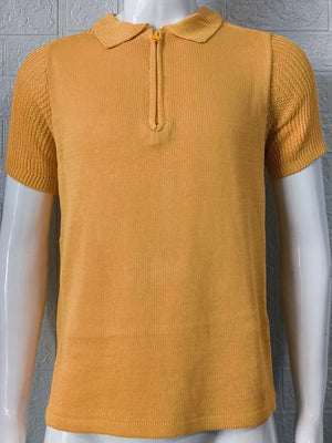 Mustard textured knit polo shirt with zip neck and short sleeves
