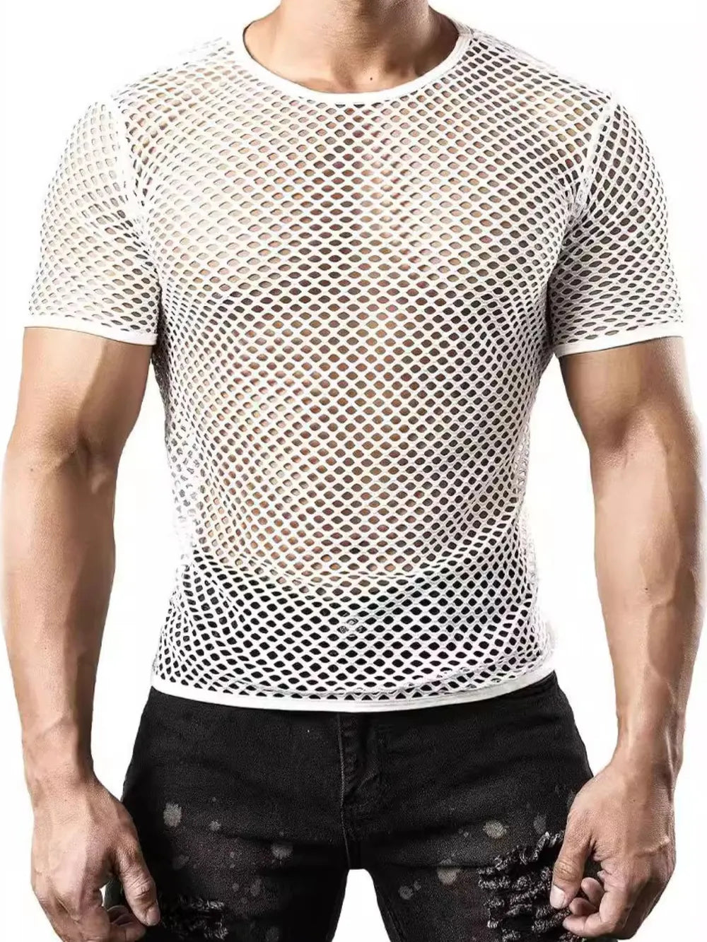 White mesh knit crew neck tee with a breathable, open weave.
