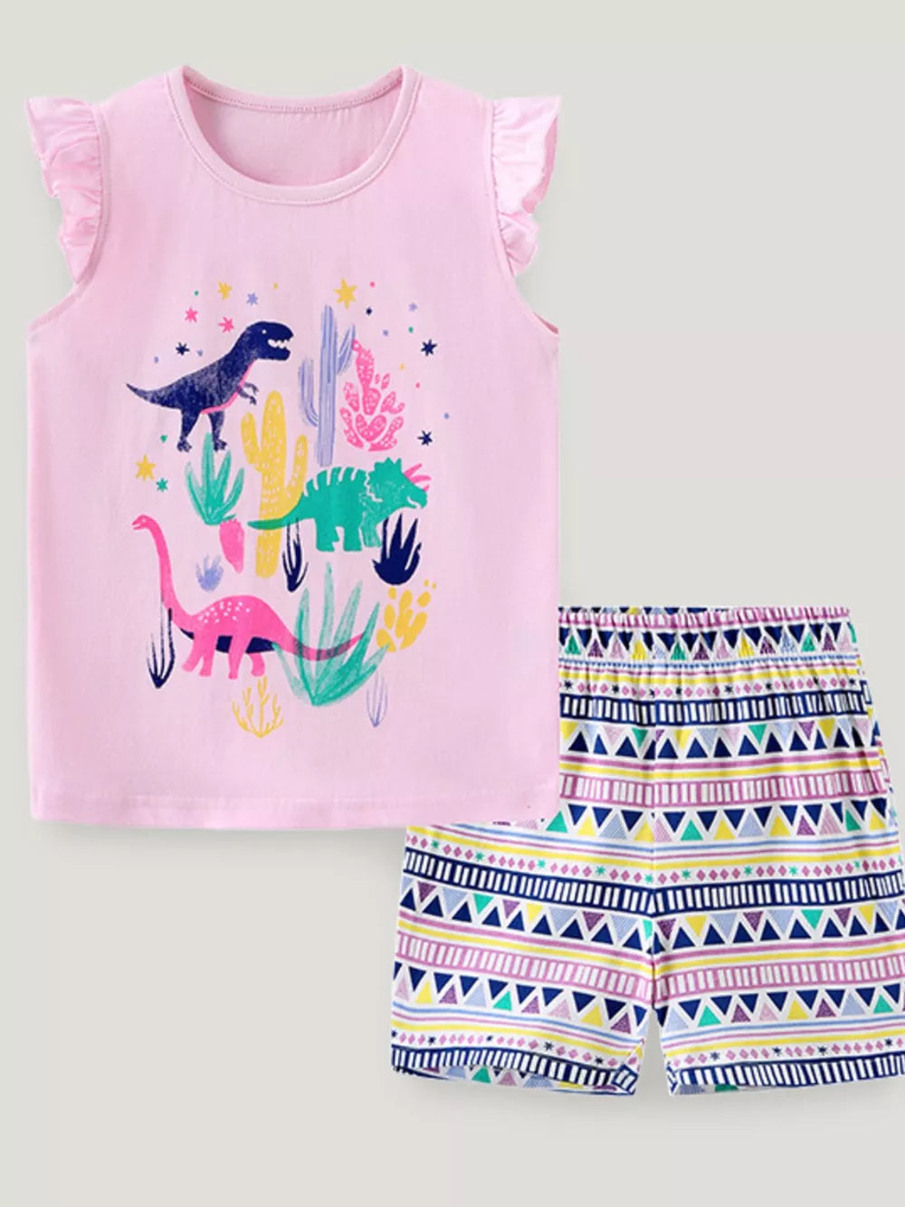 Pink cotton toddler shorts and tank set with dinosaur and cactus graphic and ruffled sleeves.