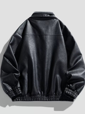 Black faux leather bomber jacket with elastic cuffs and hem