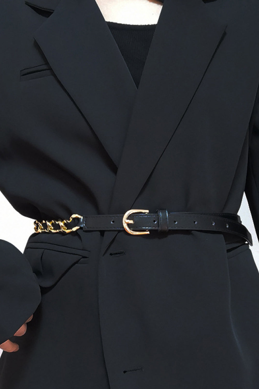 Black leather belt with gold chain detail and buckle