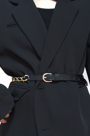 Black leather belt with gold chain detail and buckle