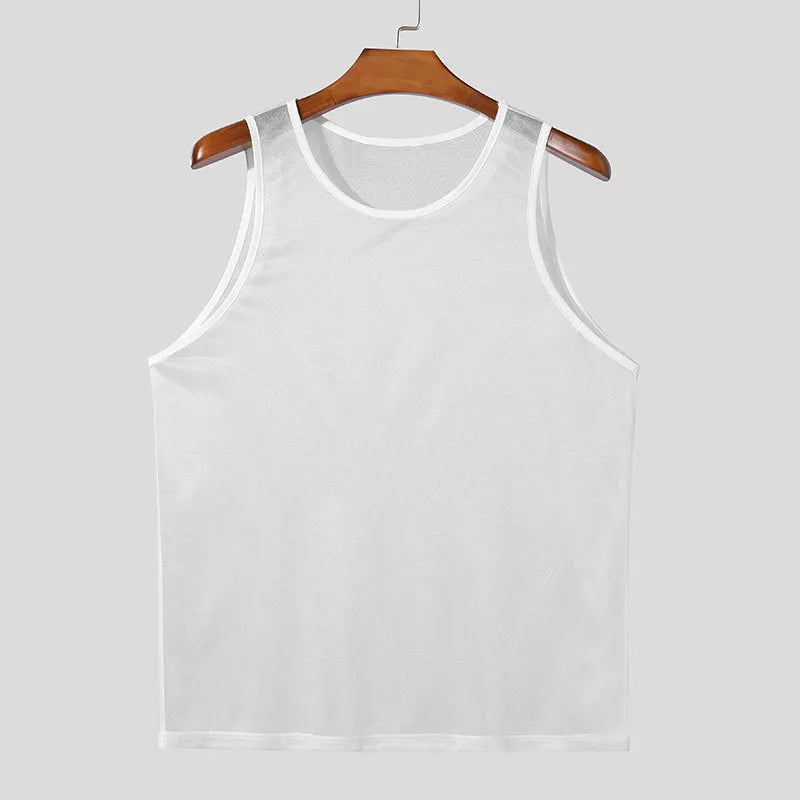 White mesh overlay tank top with round neckline and sleeveless cut.