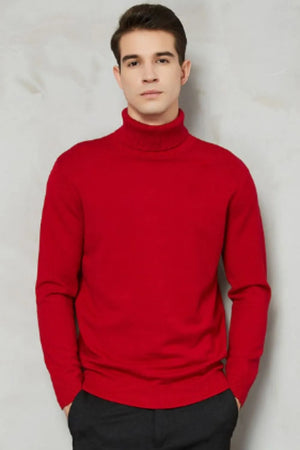 Men's red turtleneck sweater with long sleeves and ribbed cuffs and hem.