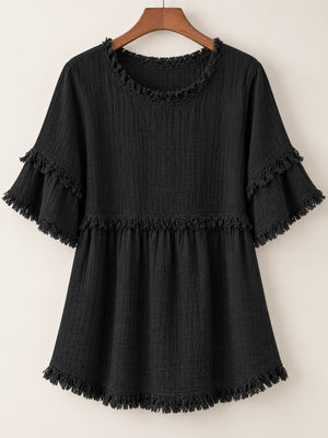 blouse in Blue with round neck and short sleeve