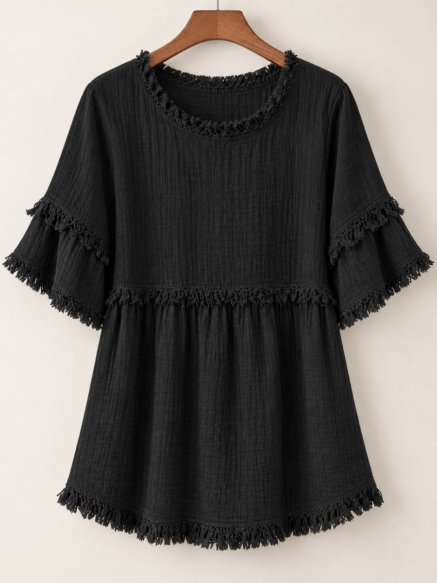 blouse in Blue with round neck and short sleeve