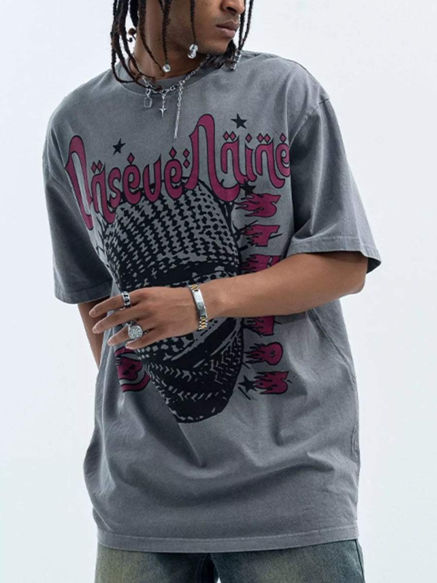Grey oversized half sleeve cotton tee with graphic print and pink lettering