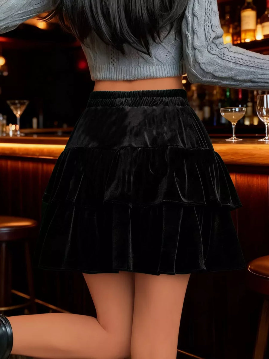 Black velvet tiered mini skirt with elastic waist