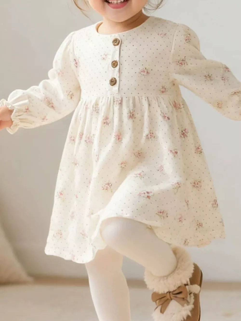 Cream floral long sleeve toddler dress with polka dots and button detail.